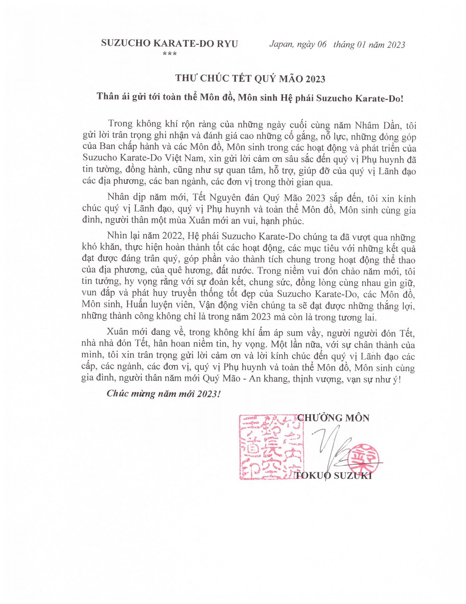 Thư chúc tết từ Chưởng môn Hệ phái Suzucho Karate-Do