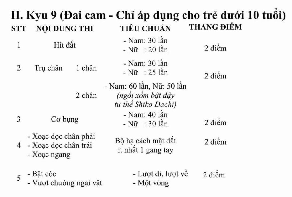 Kyu 9 -Nội dung thi lên đai Cam – Võ Đường Uy Sơn